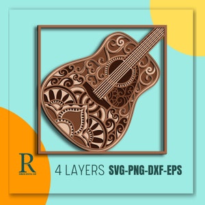Gitaar multilayer SVG, 3D gitaar gesneden bestand, 3D mandala gitaar, lasersnijden SVG-bestand, gitaar SVG-bestand, akoestische gitaar meerlaagse
