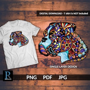 May include: A single-layer digital design of a boxer dog with a colourful, intricate mandala pattern. The design is perfect for creating t-shirts, mugs, tote bags, and other crafts.