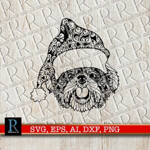 Zentangle Shih Tzu Santa SVG, SVG Mandala Santa Dog, SVG Noël Zentangle, simple couche