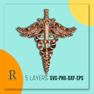 3D Mandala Caduceus SVG: Multilayered Medical Clipart, Laser Cut File