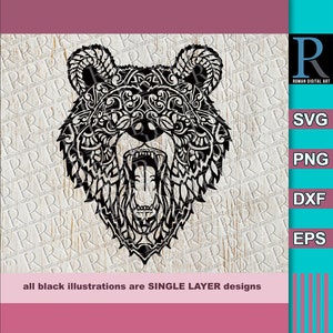 Grizzly Bear Mandala SVG: Zentangle Bear Cut File, Clipart