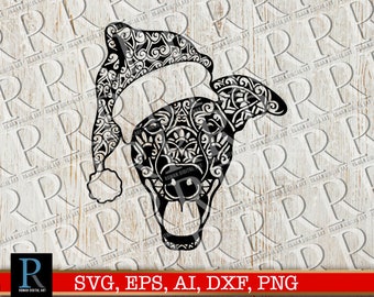 Greyhound Santa SVG, Greyhound Christmas SVG, Greyhound SVG File, Zentangle Greyhound, Mandala Greyhound, single layered