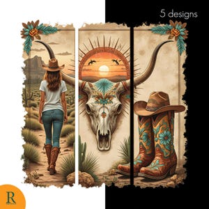 Art mural Boho occidental PNG, impression numérique Cowgirl du sud-ouest, sublimation tête de mort et bottes, Western vintage