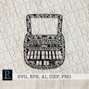 Könnte beinhalten: Schwarz-weiße Silhouette einer Vintage-Schreibmaschine mit aufwendigen floralen Designs. Die Schreibmaschine hat eine Tastatur und einen Wagenrücklaufhebel.