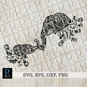 May include: Black and white digital file of two stylized elephants with floral designs. The elephants are facing each other with their trunks intertwined. The design is intricate and detailed.