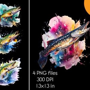Pike Fish Watercolor Clipart: Fishing PNG, Father&#39;s Day (Digital Download)
