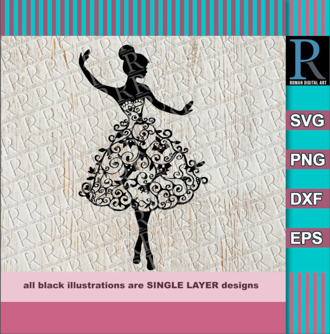 Ballerina SVG Cut File, Dancing Girl in Dress Clipart, Mandala SVG