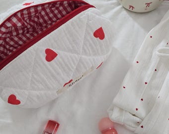 Quilted Cotton Makeup Bag in Red Kiss: Handmade Organizer, Made in USA