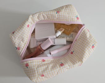 Quilted Cotton Makeup Bag in Yellow Peach: Handmade Organizer, Made in USA
