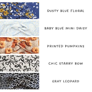 May include: Image of fabric swatches with diverse patterns. The swatches feature a dusty blue floral, baby blue mini daisy, printed pumpkins, chic starry bow, and gray leopard designs. Each pattern is labelled with text.