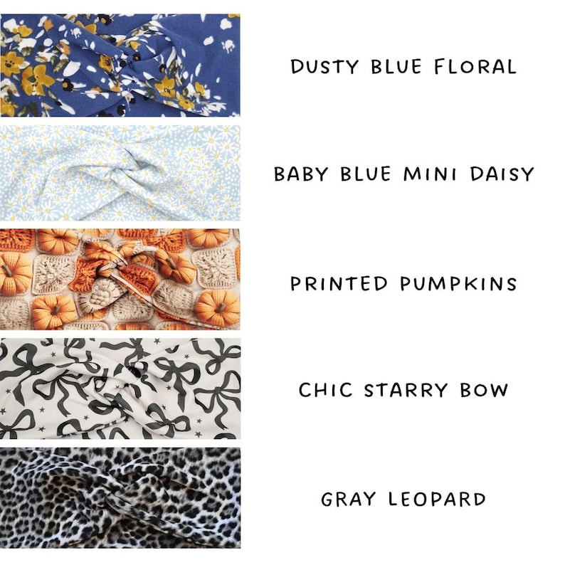 May include: Image of fabric swatches with diverse patterns. The swatches feature a dusty blue floral, baby blue mini daisy, printed pumpkins, chic starry bow, and gray leopard designs. Each pattern is labelled with text.