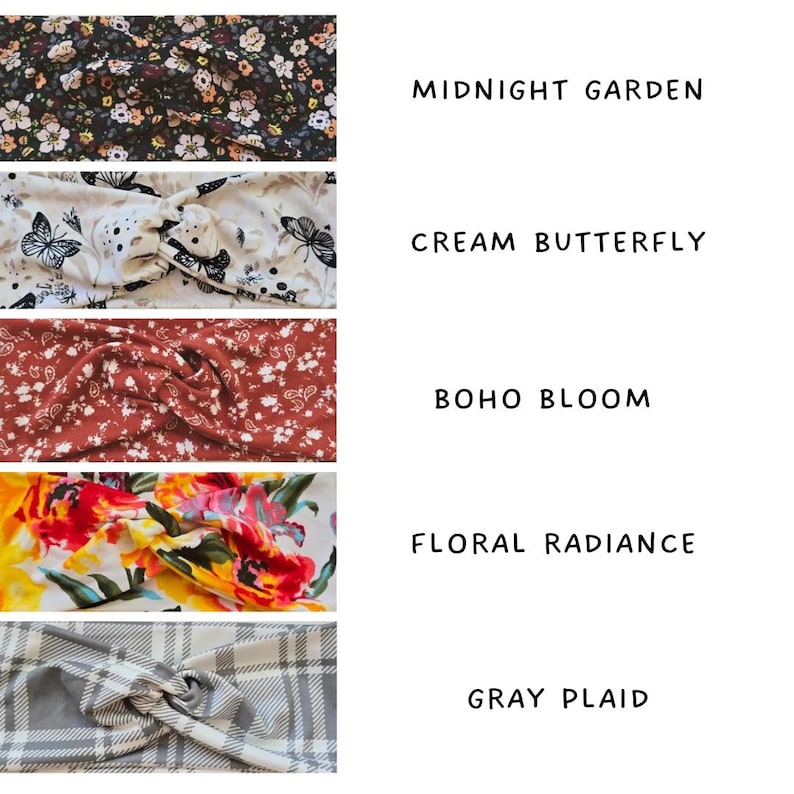 May include: Five fabric headbands with various patterns. The top headband is black with a floral design, labelled "Midnight Garden." The second is cream with butterfly designs, labelled "Cream Butterfly." The third is rust-coloured with a floral pattern, labelled "Boho Bloom."