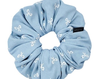 Oversized Seabreeze Blue Bow Scrunchie: XXL Hair tie white ribbon Handmade in USA