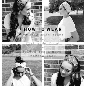 May include: A monochrome image demonstrating how to wear a headband in four different styles. The text "HOW TO WEAR" is visible, with instructions for "twisted side front", "flat side front", and "folded for a more narrow look".
