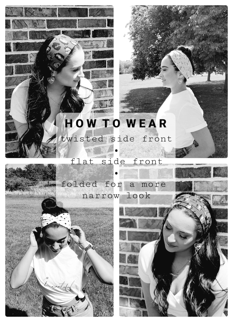 May include: A monochrome image demonstrating how to wear a headband in four different styles. The text "HOW TO WEAR" is visible, with instructions for "twisted side front", "flat side front", and "folded for a more narrow look".