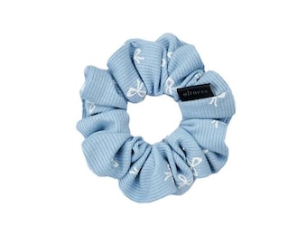 Seabreeze Blue Mini Scrunchie: Soft Hair Tie white ribbon Handmade in USA