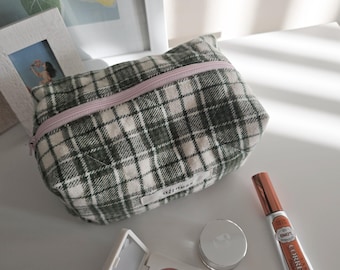 Quilted Cotton Makeup Bag in green plaid: Handmade Organizer, Made in USA