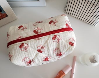 Quilted Cotton Makeup Bag in Cherry Berry: Handmade Organizer, Made in USA