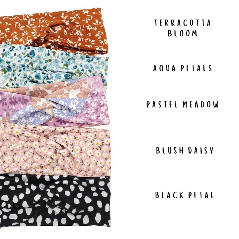 May include: Five fabric headbands with twisted front details, featuring floral and spotted patterns in terracotta, aqua, pastel, blush, and black. Text labels include Terracotta Bloom, Aqua Petals, Pastel Meadow, Blush Daisy, and Black Petal.