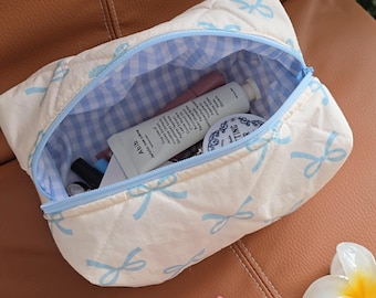 Quilted Cotton Makeup Bag in Sky Bow: Handmade Organizer, Made in USA