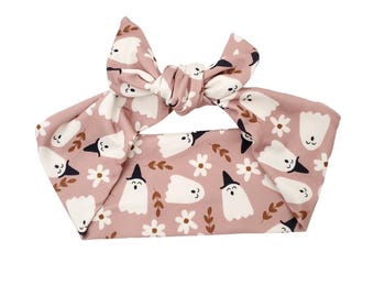 Mocha Pink Ghost Self Tie Headband: Halloween Hair Tie