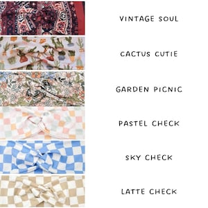 May include: Six headbands in diverse patterns and colours are displayed. The designs include paisley, cacti, floral, pastel checkerboard, blue checkerboard, and tan checkerboard. Text on the right reads "VINTAGE SOUL", "CACTUS CUTIE", "GARDEN PICNIC", "PASTEL CHECK", "SKY CHECK", and "LATTE CHECK".