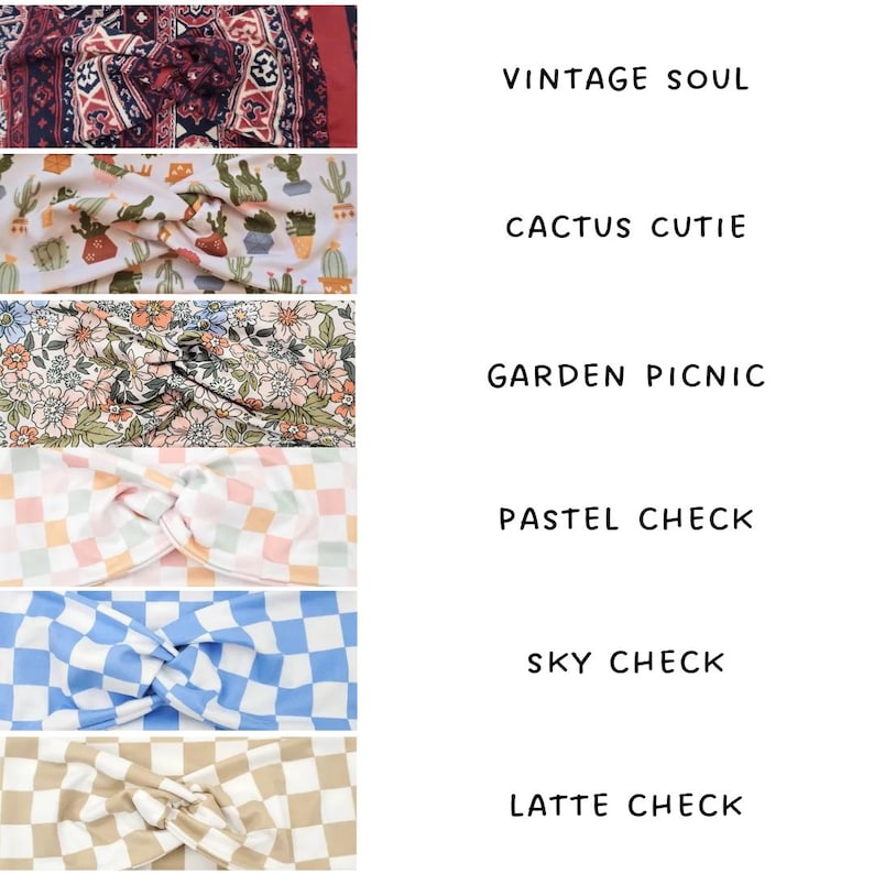 May include: Six headbands in diverse patterns and colours are displayed. The designs include paisley, cacti, floral, pastel checkerboard, blue checkerboard, and tan checkerboard. Text on the right reads "VINTAGE SOUL", "CACTUS CUTIE", "GARDEN PICNIC", "PASTEL CHECK", "SKY CHECK", and "LATTE CHECK".