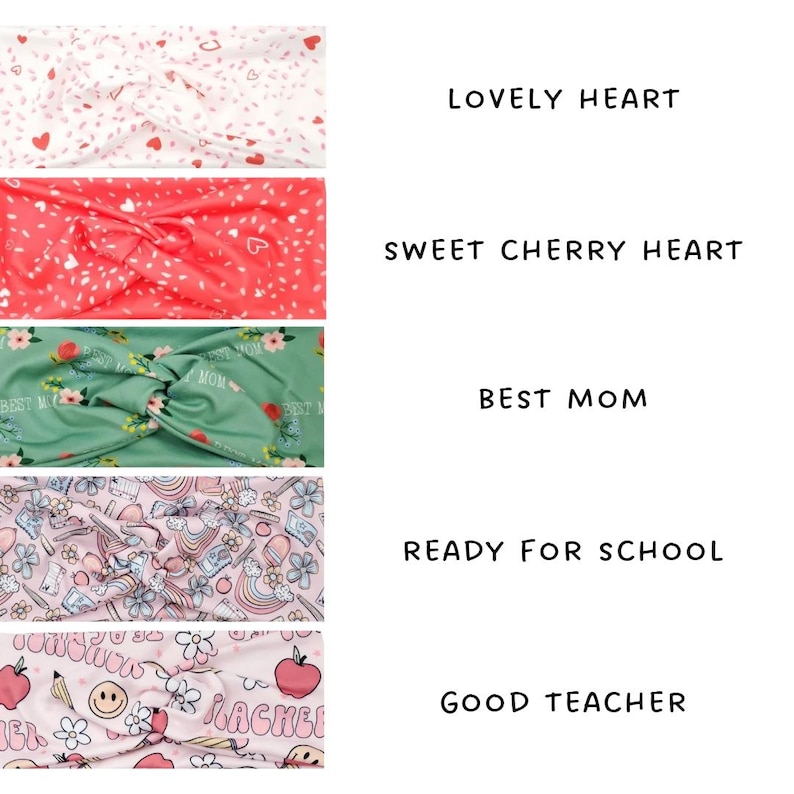 May include: Five patterned headbands with text. The headbands feature the phrases: "Lovely Heart", "Sweet Cherry Heart", "Best Mom", "Ready for School", and "Good Teacher".