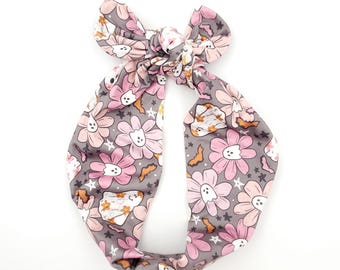 Pink Ghost Floral Self Tie Headband: Handmade Hair Tie Bun