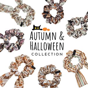 May include: A collection of seven fabric hair scrunchies with various patterns including ghosts, flowers, pumpkins, and stripes. The text AUTUMN & HALLOWEEN COLLECTION is centered with a black cat and two orange pumpkin icons above the text.