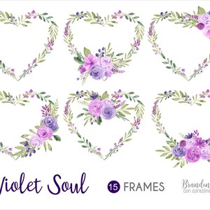 Molduras de coração para o Dia dos Namorados com flores em aquarela. Clip art png, lilás, roxo violeta. Uso comercial gratuito. Download digital instantâneo 0010