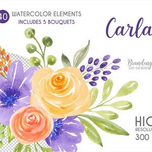 Clipart flores acuarela formato png. Set flores y ramos, violeta, naranja, amarillo. Uso comercial gratis. Descarga digital inmediata 0029