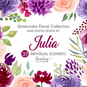 Flores de acuarela. Clip art y archivos de imagen png, color granate, morado, naranja. Uso comercial gratis. Descarga digital inmediata 0003