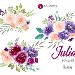 Flores em aquarela. Clip art e arquivos de imagem png, marrom, roxo e laranja. Uso comercial gratuito. Download digital instantâneo 0003