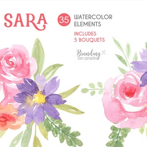 Clipart Aquarell Blumen Png-Format. Set Blumen und Sträuße, rosa, violett, orange. Kostenlose kommerzielle Nutzung. Sofortiger digitaler Download 0035