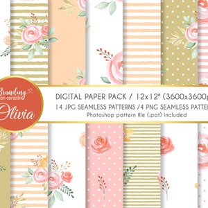 Digitaal papier naadloze bloempatronen 14 jpg, 4 png, 1 klop. 12x12", 300 dpi. Gratis commercieel gebruik. Onmiddellijke digitale download 0007