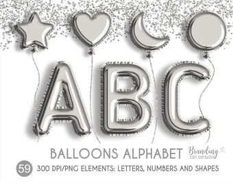 Silver foil balloon alphabet clipart, PNG format, transparent background. Free commercial use. instant digital download