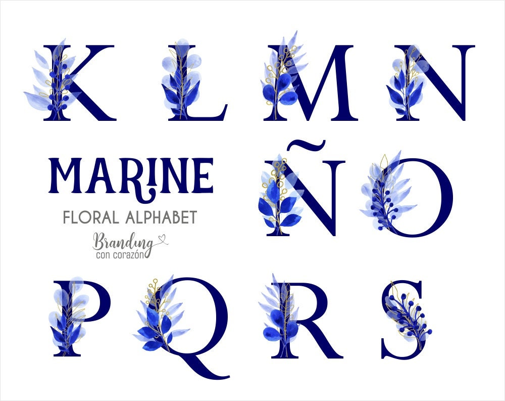 MARINE Alphabet Watercolor Flowers Leaves Blue and Gold. Etsy