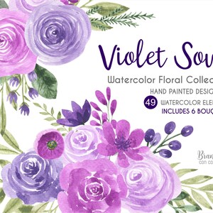 Aquarell Blumen. ClipArt und Png-Bild-Dateien, lila, violett und lila. Kostenlose kommerzielle Nutzung. Sofortiger digitaler Download 0010