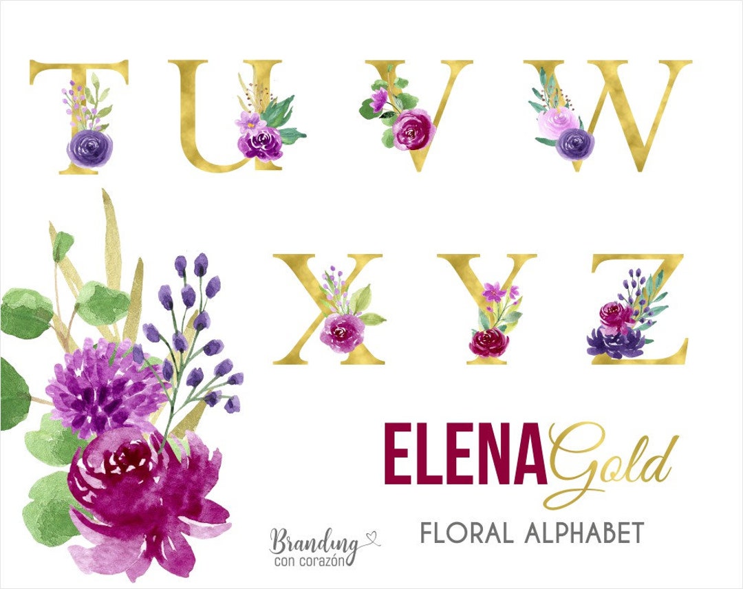 ELENA • Alphabet Golden Letters With Pink, Lilac, Purple Flowers ...