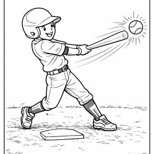 Può includere: Illustrazione in bianco e nero di un giocatore di baseball che batte. Il giocatore indossa un casco, una divisa e scarpe da ginnastica. La palla da baseball è in movimento, con linee che ne indicano la traiettoria. La scena è ambientata su un campo da baseball.