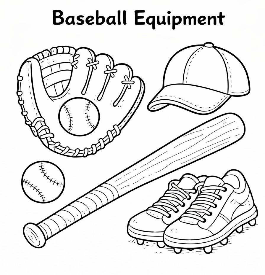 Baseball Equipment Coloring Page - Glove, Bat, Cleats, Hat (Digital…