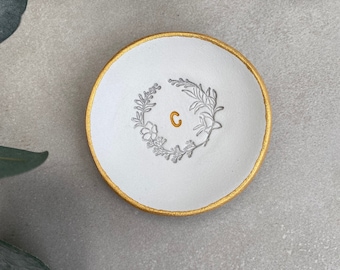 Personalized Ring Dish: Wildflower Initial Clay Ring Holder