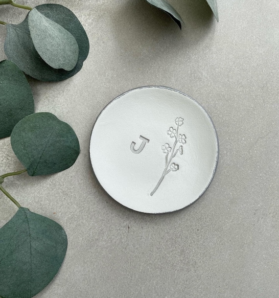 Personalized Ring Dish: Wildflower Initial Air Dry Clay Ring Holder
