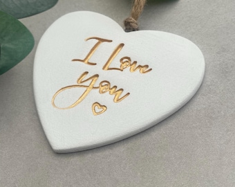 White Heart Hanging Decoration – Gold “I Love You” Lettering, Twine Hanger keepsake