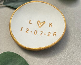 Engagement Ring Dish – Personalized Air Dry Clay Jewelry Tray with Initials, Heart & Wedding Date