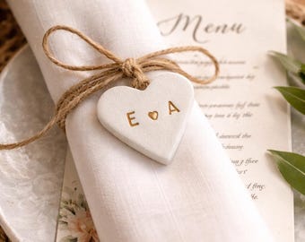 Personalised Heart Clay Tag, Rustic Wedding Napkin Charm, Custom Initial Place Setting