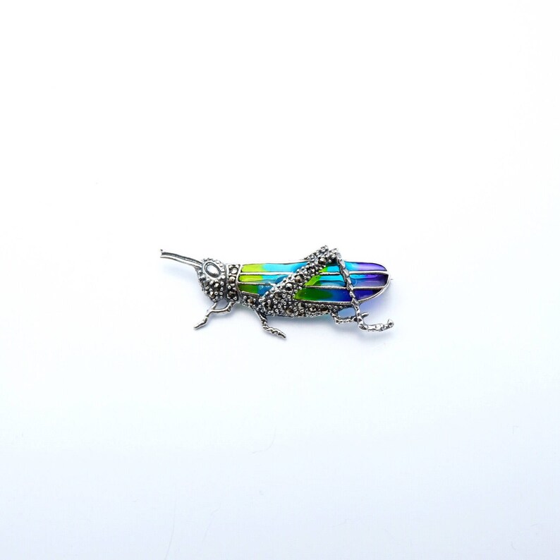handmade jewelry sterling silver 925 handcrafted enamel Grassshopper enamel brooch pin