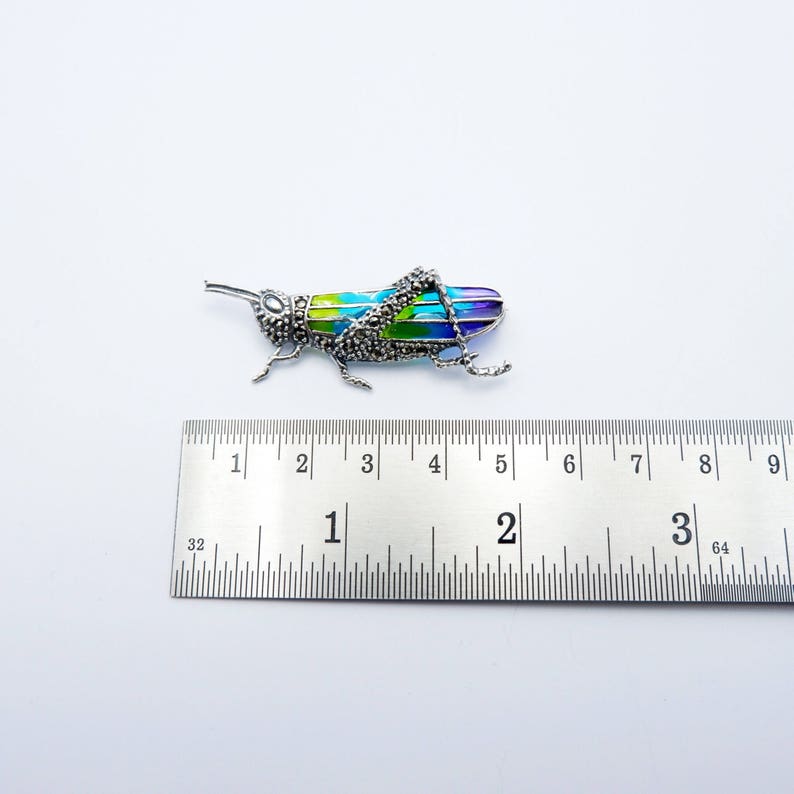 handmade jewelry sterling silver 925 handcrafted enamel Grassshopper enamel brooch pin