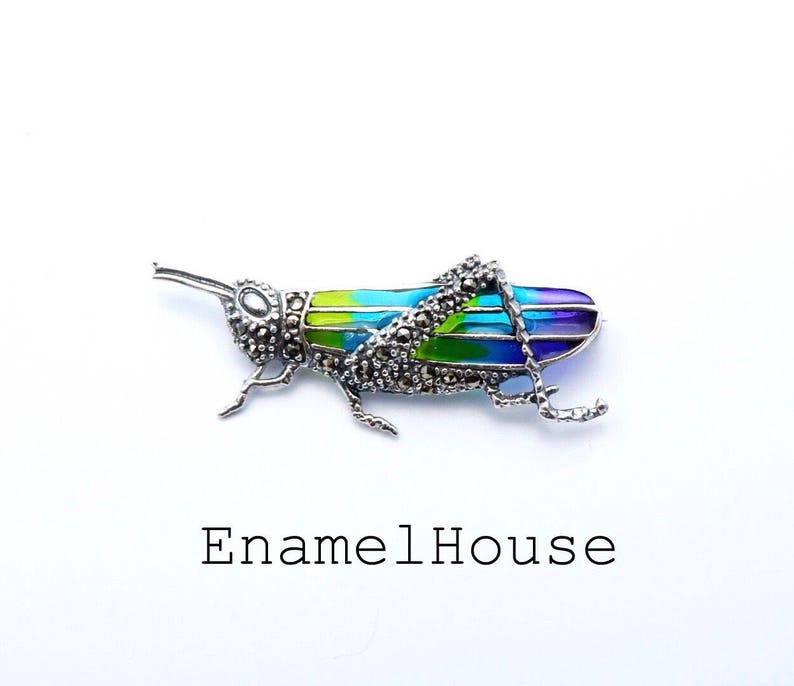 handmade jewelry sterling silver 925 handcrafted enamel Grassshopper enamel brooch pin